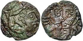 GAULE BELGIQUE, Bellovaci, AE bronze. D/ Personnage en position de "plongeur", la t. à d., le corps suivant le bord de la monnaie, les pieds rejoignan...