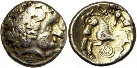 GAULE BELGIQUE, Caleti, El. quart de statère. Type à la roue. D/ T. l. d''Apollon à d., la chevelure formée de larges S. Une roue à huit rayons sur la...