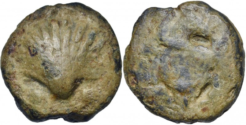 AE sextans, vers 275-270 av. J.-C., Rome. D/ Coquillage. Dessous, deux globules....