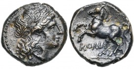 Emission anonyme, AE litre, 234-231 av. J.-C., Rome. D/ T. l. d''Apollon à d. R/ Cheval bridé galopant à d. En dessous, ROMA. Cr. 26/3; Syd. 29 (1/2 l...