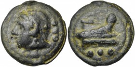 Emission anonyme, AE quadrans, 225-217 av. J.-C., Rome. D/ Sur un disque, T. d''Hercule à g., coiffé de la dépouille de lion. Derrière, trois globules...