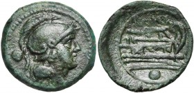 Emission anonyme, AE uncia, après 211 av. J.-C., Rome. D/ T. casquée de Roma à d. Derrière, un globule. R/ Proue à d. Au-dessus, ROMA. En dessous, un ...