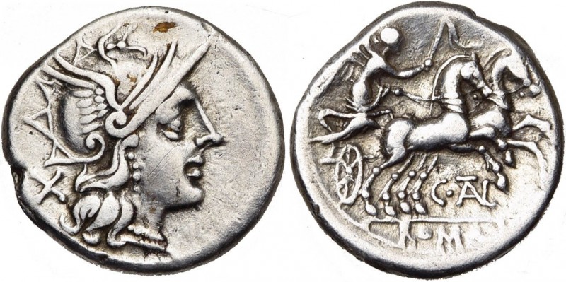 C. Tal, AR denier, 154 av. J.-C., Rome. D/ T. casquée de Roma à d. Derrière la n...