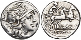 Decimius Flavus (?), AR denier, 150 av. J.-C., Rome. D/ T. casquée de Roma à d. Derrière, . R/ Luna menant un bige à d., ten. un fouet. En dessous, F...