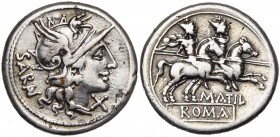 M. Atilius Saranus, AR denier, 148 av. J.-C., Rome. D/ SAR T. casquée de Roma à d. Sous le menton, . R/ M.ATIL/ ROMA Les Dioscures à d. Cr. 214/1a; ...