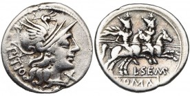 L. Sempronius Pitio, AR denier, 148 av. J.-C., Rome. D/ PITIO T. casquée de Roma à d. Sous le menton, . R/ L·SEMP/ ROMA Les Dioscures galopant à d. C...