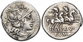 L. Cupiennius, AR denier, 147 av. J.-C., Rome. D/ T. casquée de Roma à d. A g., corne d''abondance. A d., . R/ Les Dioscures galopant à d. En dessous...