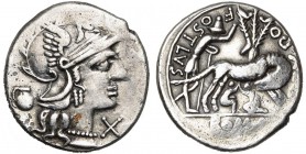 Sex. Pompeius Fostulus, AR denier, 137 av. J.-C., Rome. D/ T. casquée de Roma à d. Sous le menton, . Derrière la t., un vase. R/ SEX·POM-FOSTLVS/ ROM...