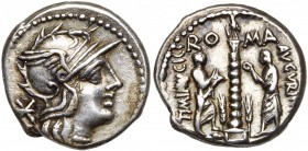 T. Minucius Augurinus, AR denier, 134 av. J.-C., Rome. D/ T. casquée de Roma à d. Derrière, . R/ TI·MINVCI C·F/ RO-MA/ AVGVRINI Colonne torsadée surm...