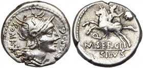 M. Sergius Silus, AR denier, 116-115 av. J.-C., Rome. D/ ROMA - EX·S·C T. casquée de Roma à d. Derrière, . R/ Q/ M·SERGI/ SILVS Cavalier à g., ten. u...