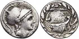 Q. Lutatius Cerco, AR denier, 109-108 av. J.-C., Rome. D/ T. casquée de Roma à d., le casque orné d''une plume et de deux étoiles. Derrière, . Au-des...