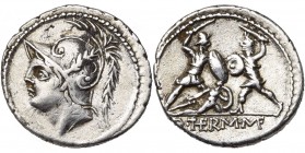 Q. Minucius Thermus, AR denier, 103 av. J.-C., Rome. D/ T. casquée de Mars à g. R/ Soldat romain combattant un barbare en protégeant un second soldat ...