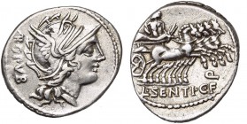 L. Sentius, AR denier, 101 av. J.-C., Rome. D/ T. casquée de Roma à d. Derrière, ARG·PVB. R/ Jupiter menant un quadrige à d., ten. le sceptre et le fo...