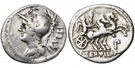 P. Servilius Rullus, AR denier, 100 av. J.-C., Rome. D/ RVLLI B. casqué, cuir. de Minerve à g. R/ P· SERVILI· M·F Victoire conduisant un bige à d., te...
