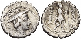 C. Mamilius Limetanus, AR denier serratus, 82 av. J.-C., Rome. D/ B. dr. de Mercure à d., ten. un caducée sur l''épaule. A g., au-dessus du pétase, M....