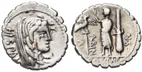 A. Postumius Albinus, AR denier serratus, 81 av. J.-C., Rome. D/ T. voilée de Hispania à d. Derrière, HISPAN. R/ A·/ POST·A·F·/ S·N·/ ALBIN Personnage...
