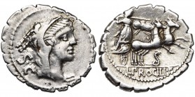 L. Procilius, AR denier serratus, 80 av. J.-C., Rome. D/ T. de Junon Sospita à d. A g., S·C. R/ Junon Sospita, brandissant la lance et le bouclier, co...