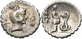 L. Roscius Fabatus, AR denier serratus, 64 av. J.-C., Rome. D/ L·ROSCI T. de Junon Sospita à d., coiffée de la peau de chèvre. A g., foudre ailé. R/ F...