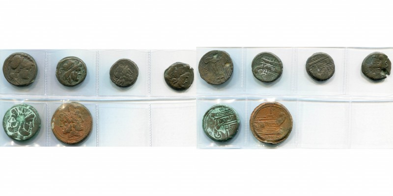 AE lot de 6 bronzes frappés à Rome: triens, 215-212 av. J.-C., D/ T. de Minerve ...