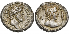 EGYPTE, ALEXANDRIE, Antonin le Pieux (138-161), bil. tétradrachme, 157-158. D/ B. l., dr. à d. R/ B. d''Hermanubis à d., coiffé d''un kalathos, l''épa...