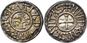 CAROLINGIENS, Charles le Chauve (840-877), AR denier, 864-877, Rennes. D/ + GRΛTIΛ D-I REX Monogramme carolin. R/ + HREDNIS CIVITΛS Croix. M.G. 1045;...
