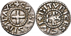 CAROLINGIENS, Charles le Chauve (840-877) ou Charles le Gros (879-887), AR denier, à partir de 876, Bourges. Au titre d''empereur. D/ + CΛRLVS IMP ΛVC...