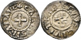 CAROLINGIENS, Charles le Chauve (840-877) ou Charles le Gros (879-887), AR denier, à partir de 876, Nevers. Au titre d''empereur. D/ + CΛRLVS IMP ΛVC ...