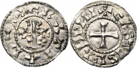 CAROLINGIENS, Raoul (923-936), AR denier, Château-Landon. D/ + GRΛTIΛ D-I Monogramme de Rodulfus imitant celui d''Odo rex. R/ + CΛSTIS LIΛNDNI Croix. ...