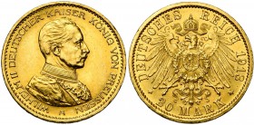 ALLEMAGNE, PRUSSE, Wilhelm II (1888-1918), AV 20 Mark, 1913A. Buste en uniforme. J. 253; A.K.S. 125; Fr. 3833. Fines griffes.
Superbe (Extremely Fine...