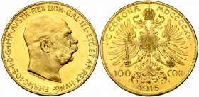 AUTRICHE, François Joseph Ier (1848-1916), AV 100 couronnes, 1915. Refrappe. Fr. 507R. Coups sur la tranche.
Fleur de Coin (Uncirculated)