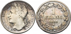 BELGIQUE, Royaume, Léopold Ier (1831-1865), AR 1 franc, 1833. Dupriez 33. Rare.
Beau (Fine)