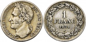 BELGIQUE, Royaume, Léopold Ier (1831-1865), AR 1 franc, 1834. Dupriez 92.
Très Beau (Very Fine)