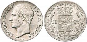 BELGIQUE, Royaume, Léopold Ier (1831-1865), AR 20 centimes, 1853. L.W. avec points. Dupriez 543; Bogaert 543A.
Superbe (Extremely Fine)