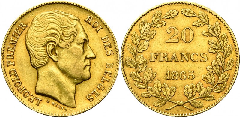 BELGIQUE, Royaume, Léopold Ier (1831-1865), AV 20 francs, 1865. Pos. A, L WIENE ...