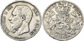BELGIQUE, Royaume, Léopold II (1865-1909), AR 5 francs, 1865. Dupriez 968. Nettoyé.
Très Beau (Very Fine)