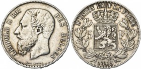 BELGIQUE, Royaume, Léopold II (1865-1909), AR 5 francs, 1865. Dupriez 968. Nettoyé.
presque Très Beau (about Very Fine)