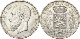 BELGIQUE, Royaume, Léopold II (1865-1909), AR 5 francs, 1866. F. avec point. Bogaert 1005B. Rare Coup sur la tranche. Nettoyé.
Très Beau (Very Fine)...