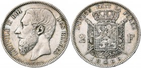 BELGIQUE, Royaume, Léopold II (1865-1909), AR 2 francs, 1866. Type A. Sans croix sur la couronne. Dupriez -; Bogaert -. Rare.
presque Très Beau (abou...
