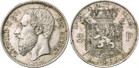 BELGIQUE, Royaume, Léopold II (1865-1909), AR 2 francs, 1866. Type C. Avec quadrillage de l''écu inversé au revers. Dupriez -; Bogaert -. Très rare Pe...
