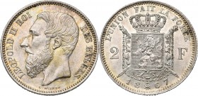 BELGIQUE, Royaume, Léopold II (1865-1909), AR 2 francs, 1867. Type A. Avec croix sur la couronne. Bogaert 1079A.
presque Fleur de Coin (about Uncircu...