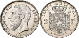 BELGIQUE, Royaume, Léopold II (1865-1909), AR 2 francs, 1867. Type A. Sans croix sur la couronne. Rare Léger coup sur la tranche.
Superbe à Fleur de ...