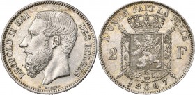 BELGIQUE, Royaume, Léopold II (1865-1909), AR 2 francs, 1867. Type C. Avec la main de justice sous le N au revers. Dupriez 1095. Rare Fines griffes.
...