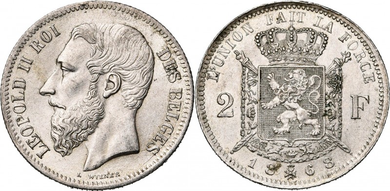 BELGIQUE, Royaume, Léopold II (1865-1909), AR 2 francs, 1868. Type A. Avec croix...