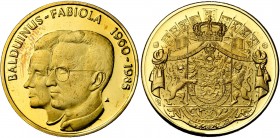 BELGIQUE, Royaume, Baudouin (1951-1993), AV médaille, 1985. Noces d''or de Baudouin et Fabiola. 11,00g Titre 0,750. Ecrin.
Flan poli (Proof)