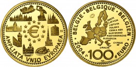 BELGIQUE, Royaume, Albert II (1993-2013), AV 100 euro, 2004. Elargissement de l''Union Européenne. Fr. 445. Ecrin.
Flan poli (Proof)