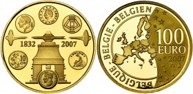 BELGIQUE, Royaume, Albert II (1993-2013), AV 100 euro, 2007. 175e anniversaire de la frappe de monnaies en Belgique. Fr. 452. Ecrin.
Flan poli (Proof...
