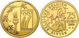 BELGIQUE, Royaume, Albert II (1993-2013), AV 25 euro, 2008. Jeux Olympiques de Pékin. Fr. 455. Ecrin.
Flan poli (Proof)