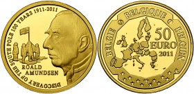 BELGIQUE, Royaume, Albert II (1993-2013), AV 50 euro, 2011. Roald Amundsen - Centenaire de la découverte du Pôle Sud. Fr. 464. Ecrin.
Flan poli (Proo...