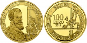 BELGIQUE, Royaume, Philippe (2013-), 100 euro, 2014. André Vésale. 500 p. frappées. Fr. 471. Ecrin.
Flan poli (Proof)