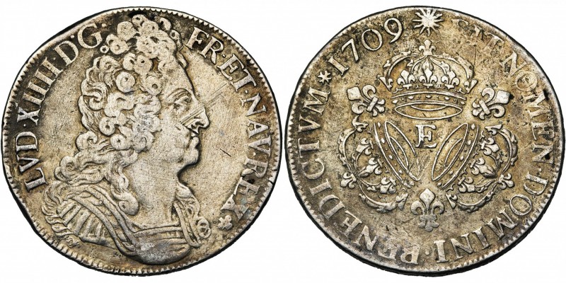 FRANCE, Royaume, Louis XIV (1643-1715), AR écu aux trois couronnes, 1709E, Tours...